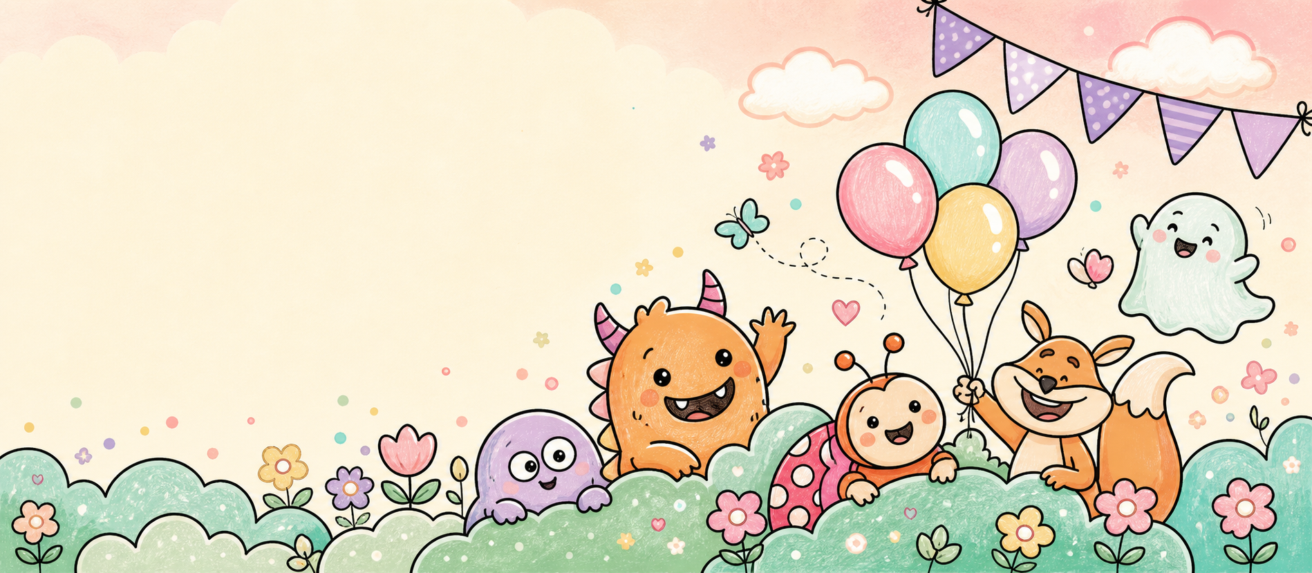 Kooki characters celebrating with balloons and flowers